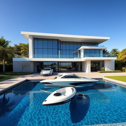 A beautiful modern mansion with sleek architectural lines, large glass windows reflecting the sunlight, and lush landscaping surrounding it