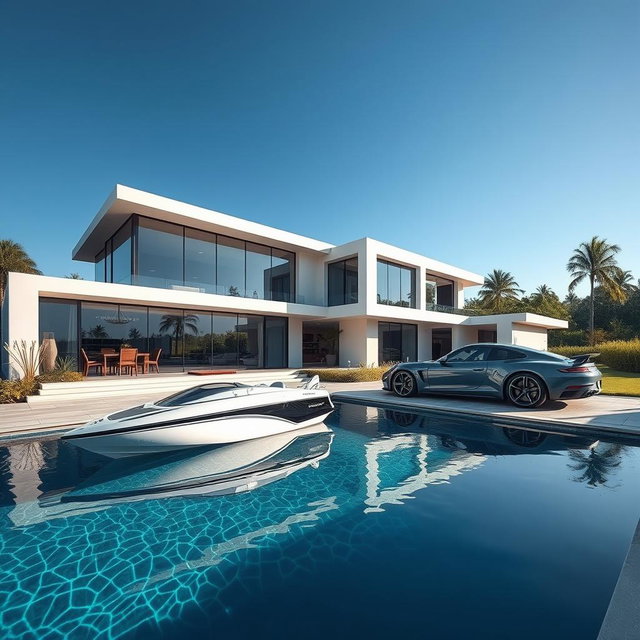 A beautiful modern mansion with sleek architectural lines, large glass windows reflecting the sunlight, and lush landscaping surrounding it