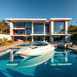 A beautiful modern mansion with sleek architectural lines, large glass windows reflecting the sunlight, and lush landscaping surrounding it