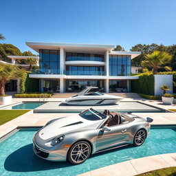 A beautiful modern mansion with sleek architectural lines, large glass windows reflecting the sunlight, and lush landscaping surrounding it