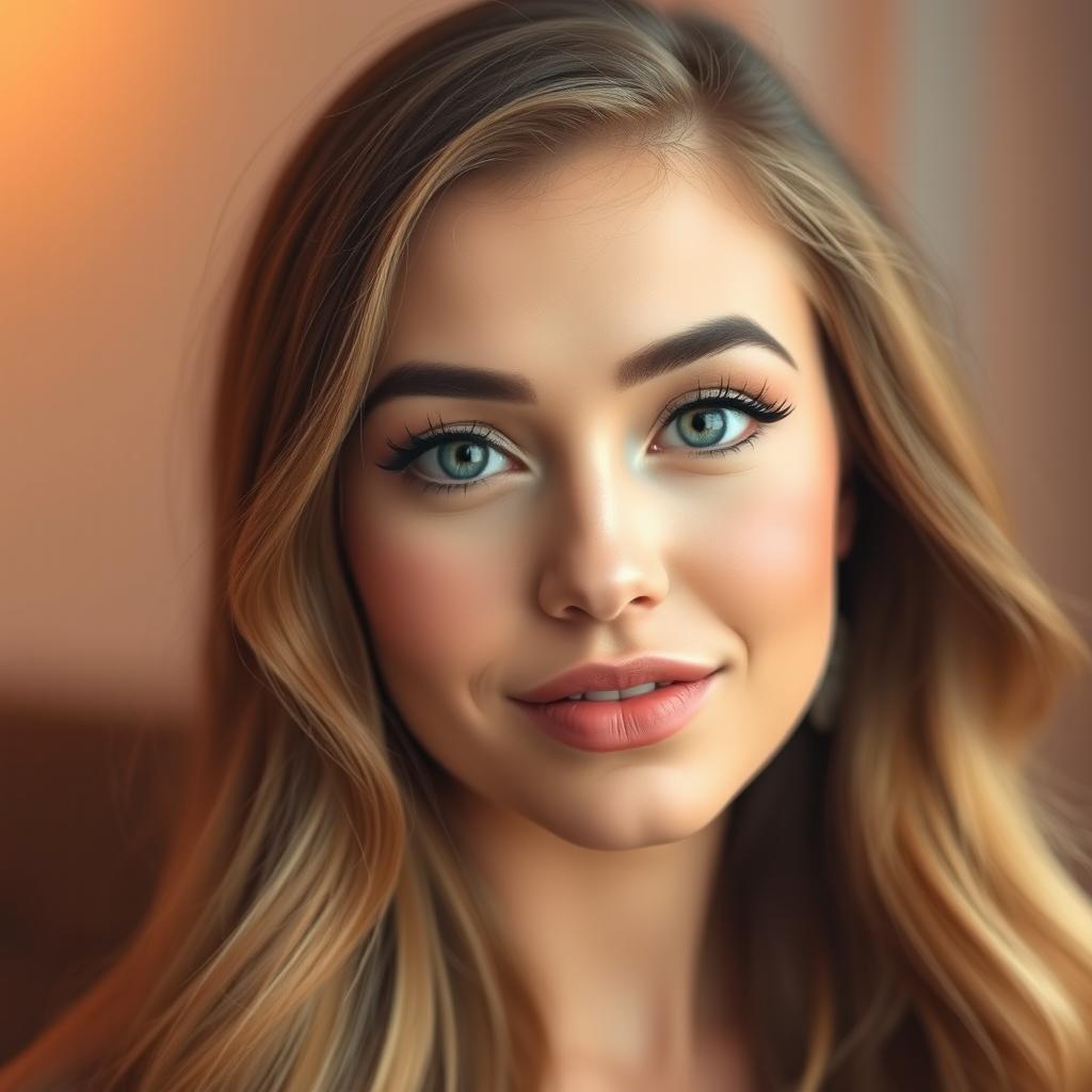 A portrait of a transgender woman with full, radiant cheeks, beautifully applied makeup highlighting her features