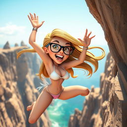 A sexy 3D cartoon woman wearing stylish glasses and a tiny bikini, depicted with a terrified expression on her face as she falls off a cliff