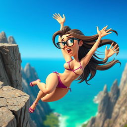 A sexy 3D cartoon woman wearing stylish glasses and a tiny bikini, depicted with a terrified expression on her face as she falls off a cliff