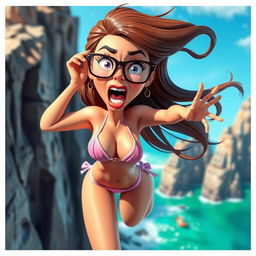 A sexy 3D cartoon woman wearing stylish glasses and a tiny bikini, depicted with a terrified expression on her face as she falls off a cliff