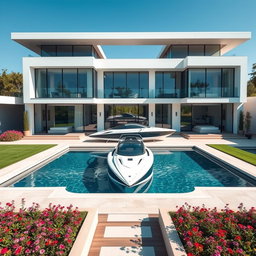 A contemporary modern mansion featuring minimalist design with large glass panels and a flat roof