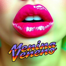 A striking close-up of a pair of luscious lips, both covered in glossy pink lipstick, presenting a vivid, eye-catching color