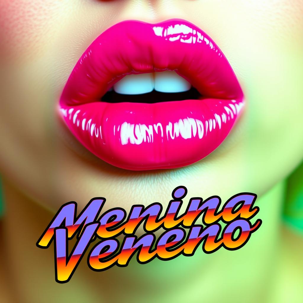 A striking close-up of a pair of luscious lips, both covered in glossy pink lipstick, presenting a vivid, eye-catching color