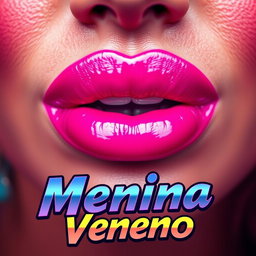 A striking close-up of a pair of luscious lips, both covered in glossy pink lipstick, presenting a vivid, eye-catching color