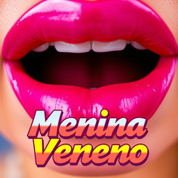 A striking close-up of a pair of luscious lips, both covered in glossy pink lipstick, presenting a vivid, eye-catching color