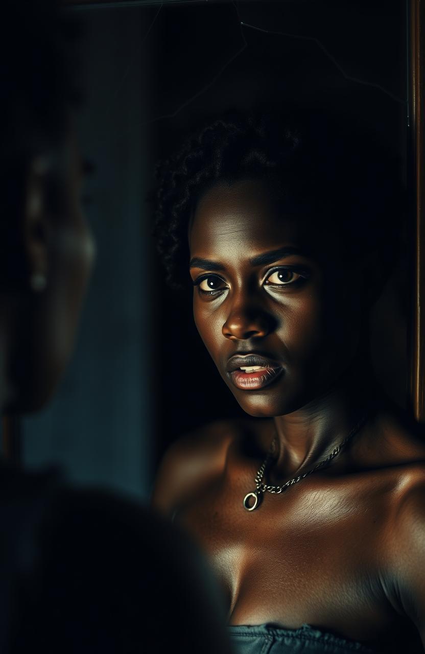 A powerful and emotional scene depicting a strong black woman in a dimly lit room, her reflection visible in a cracked mirror