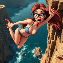 A sexy 3D toon woman with long flowing hair and striking red lips, wearing a tiny bikini that is slipping off her body