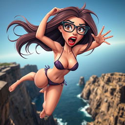 A sexy 3D toon woman with long flowing hair and striking red lips, wearing a tiny bikini that is slipping off her body