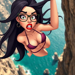 A sexy 3D toon woman with long flowing hair and striking red lips, wearing a tiny bikini that is slipping off her body
