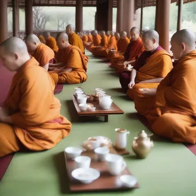 As part of the traditional Buddhist ceremony, the monks observed a moment of silence and serenity while savoring their afternoon tea, promoting tranquility and mindfulness.