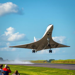 A stunning scene of a Concorde aircraft gracefully landing on a runway, but in a dramatic twist, it is executing a stopie maneuver, with the nose of the plane lifted significantly while the back wheels touch the ground