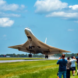 A stunning scene of a Concorde aircraft gracefully landing on a runway, but in a dramatic twist, it is executing a stopie maneuver, with the nose of the plane lifted significantly while the back wheels touch the ground
