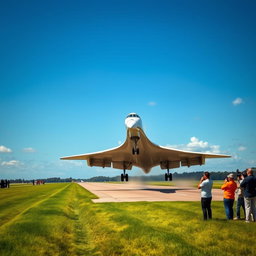 A stunning scene of a Concorde aircraft gracefully landing on a runway, but in a dramatic twist, it is executing a stopie maneuver, with the nose of the plane lifted significantly while the back wheels touch the ground