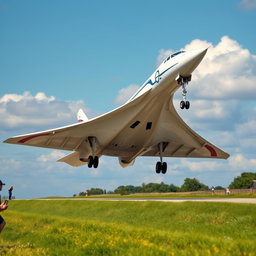 A stunning scene of a Concorde aircraft gracefully landing on a runway, but in a dramatic twist, it is executing a stopie maneuver, with the nose of the plane lifted significantly while the back wheels touch the ground