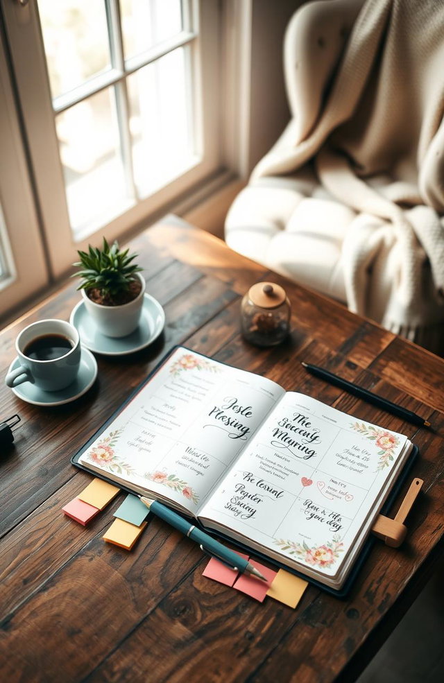 A beautifully arranged and organized planner on a rustic wooden desk, open to a colorful weekly layout, with vibrant sticky notes, a stylish pen, and a cup of coffee beside it