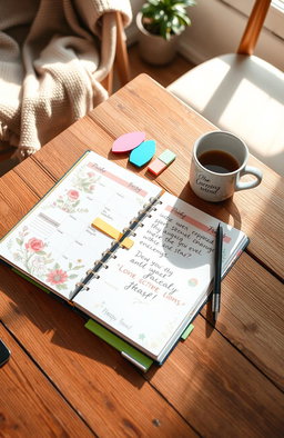 A beautifully arranged and organized planner on a rustic wooden desk, open to a colorful weekly layout, with vibrant sticky notes, a stylish pen, and a cup of coffee beside it