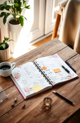 A beautifully arranged and organized planner on a rustic wooden desk, open to a colorful weekly layout, with vibrant sticky notes, a stylish pen, and a cup of coffee beside it