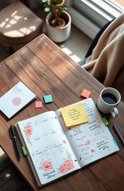 A beautifully arranged and organized planner on a rustic wooden desk, open to a colorful weekly layout, with vibrant sticky notes, a stylish pen, and a cup of coffee beside it