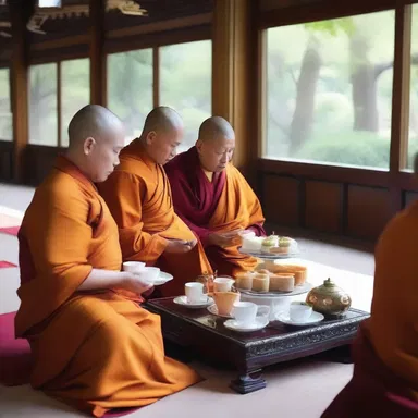 As part of the traditional Buddhist ceremony, the monks observed a moment of silence and serenity while savoring their afternoon tea, promoting tranquility and mindfulness.