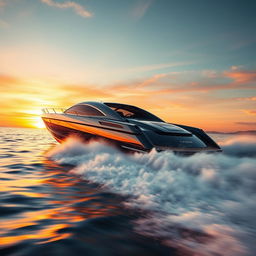 A stunning scene of a modern speedboat racing across the water at 200 mph during a vibrant sunset