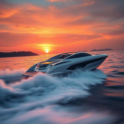 A stunning scene of a modern speedboat racing across the water at 200 mph during a vibrant sunset