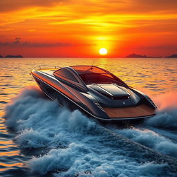 A stunning scene of a modern speedboat racing across the water at 200 mph during a vibrant sunset