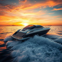 A stunning scene of a modern speedboat racing across the water at 200 mph during a vibrant sunset