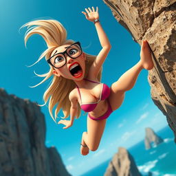 A sexy blonde 3D toon woman wearing glasses and red lips, dressed in a tiny bikini, falling off a cliff with a terrified expression on her face