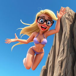 A sexy blonde 3D toon woman wearing glasses and red lips, dressed in a tiny bikini, falling off a cliff with a terrified expression on her face