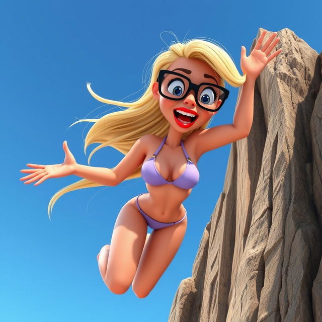 A sexy blonde 3D toon woman wearing glasses and red lips, dressed in a tiny bikini, falling off a cliff with a terrified expression on her face