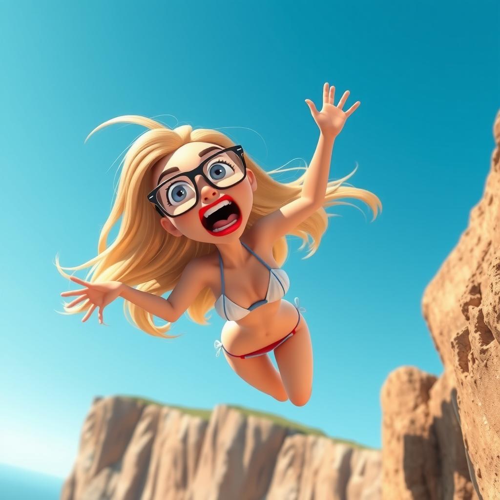 A sexy blonde 3D toon woman wearing glasses and red lips, dressed in a tiny bikini, falling off a cliff with a terrified expression on her face