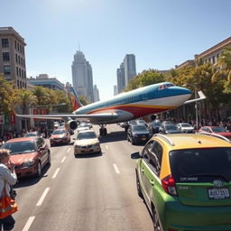 A whimsical scene depicting a large airplane, resembling a commercial jet, driving down a busy road like a car