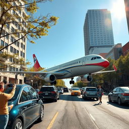 A whimsical scene depicting a large airplane, resembling a commercial jet, driving down a busy road like a car