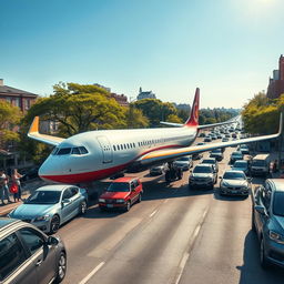 A whimsical scene depicting a large airplane, resembling a commercial jet, driving down a busy road like a car