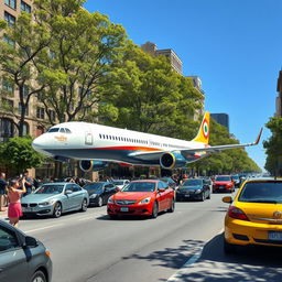 A whimsical scene depicting a large airplane, resembling a commercial jet, driving down a busy road like a car