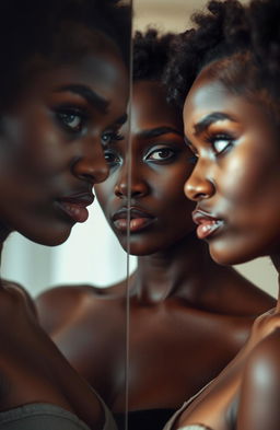 A striking portrait of a black woman standing confidently, gazing into a reflective surface