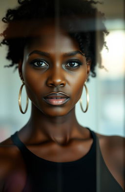 A striking portrait of a black woman standing confidently, gazing into a reflective surface