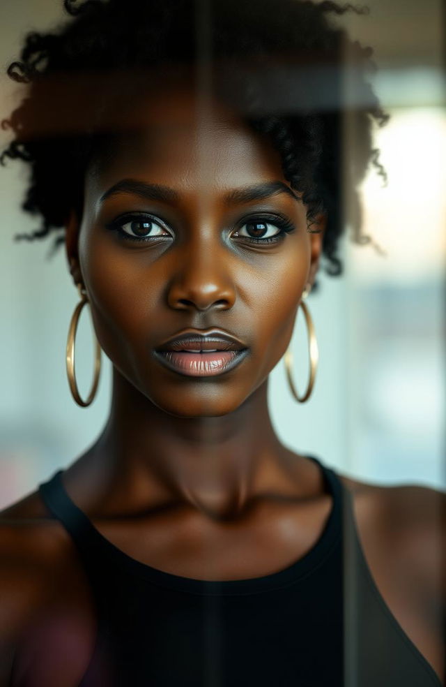 A striking portrait of a black woman standing confidently, gazing into a reflective surface