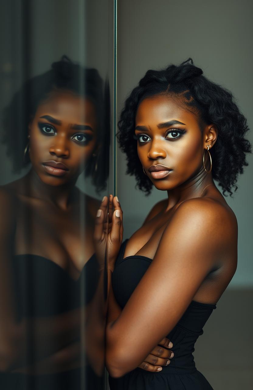 A striking portrait of a black woman standing confidently, gazing into a reflective surface