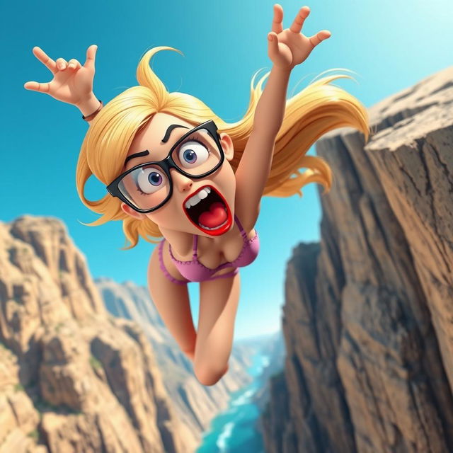 A sexy blonde 3D toon woman with stylish glasses and vibrant red lips, wearing a tiny bikini, is in midair, falling off a cliff