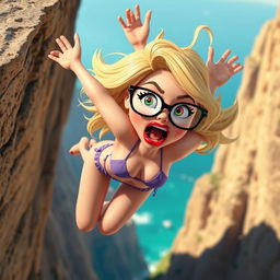 A sexy blonde 3D toon woman with stylish glasses and vibrant red lips, wearing a tiny bikini, is in midair, falling off a cliff