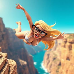 A sexy blonde 3D toon woman with stylish glasses and vibrant red lips, wearing a tiny bikini, is in midair, falling off a cliff