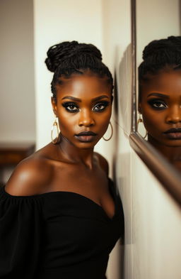 A striking portrait of a black woman standing confidently, her gaze directed at the viewer, with a dramatic reflection of herself in a nearby surface