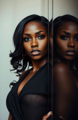 A striking portrait of a black woman standing confidently, her gaze directed at the viewer, with a dramatic reflection of herself in a nearby surface