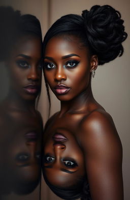 A striking portrait of a black woman standing confidently, her gaze directed at the viewer, with a dramatic reflection of herself in a nearby surface