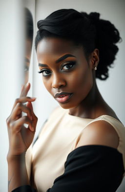 A striking portrait of a black woman standing confidently, her gaze directed at the viewer, with a dramatic reflection of herself in a nearby surface